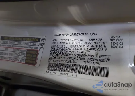 2019 Acura Rdx Advance Package z USA, uszkodzony, nr VIN 5J8TC2H76KL031645